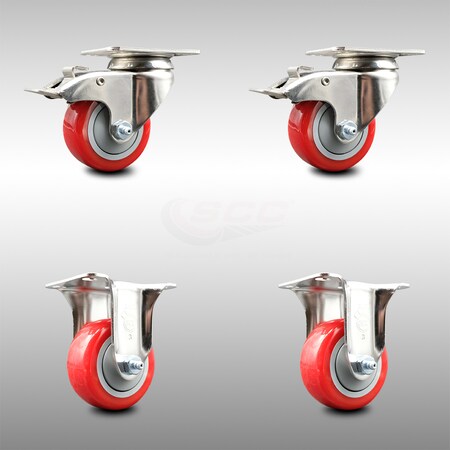 Service Caster 3 Inch 316SS Red Polyurethane Swivel Top Plate Caster Lock Brake 2 Rigid, 2PK SCC-SS316TTL20S314-PPUB-RED-2-R-2